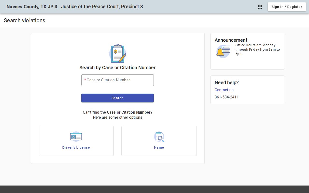 Nueces County JP 3 warrant search interface