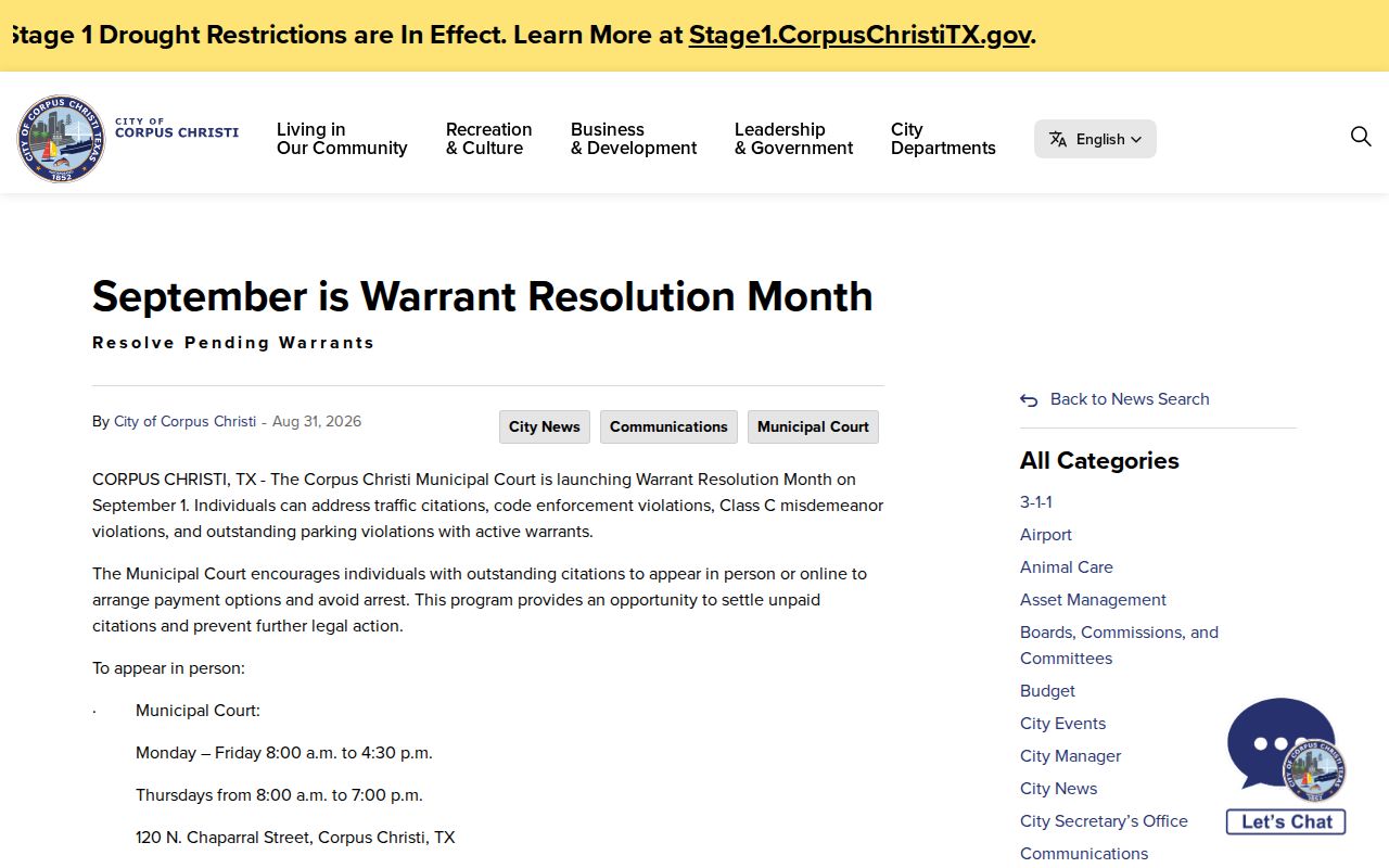 Corpus Christi warrant records voluntary appearance guidance