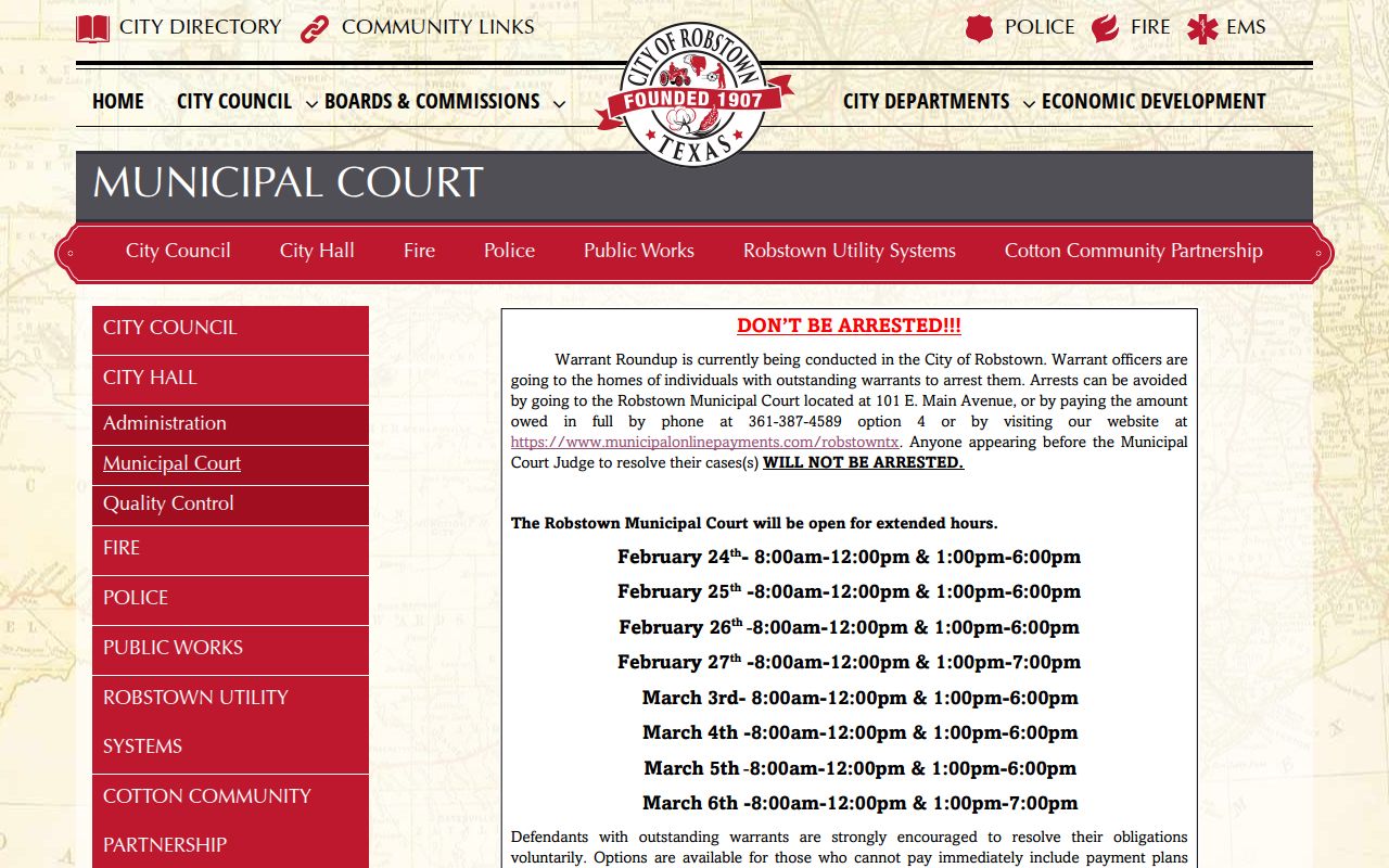 Robstown warrant and municipal court information in Nueces County